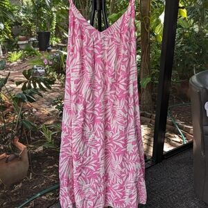 Pink and White Leaf Print Dress 55% Cotton